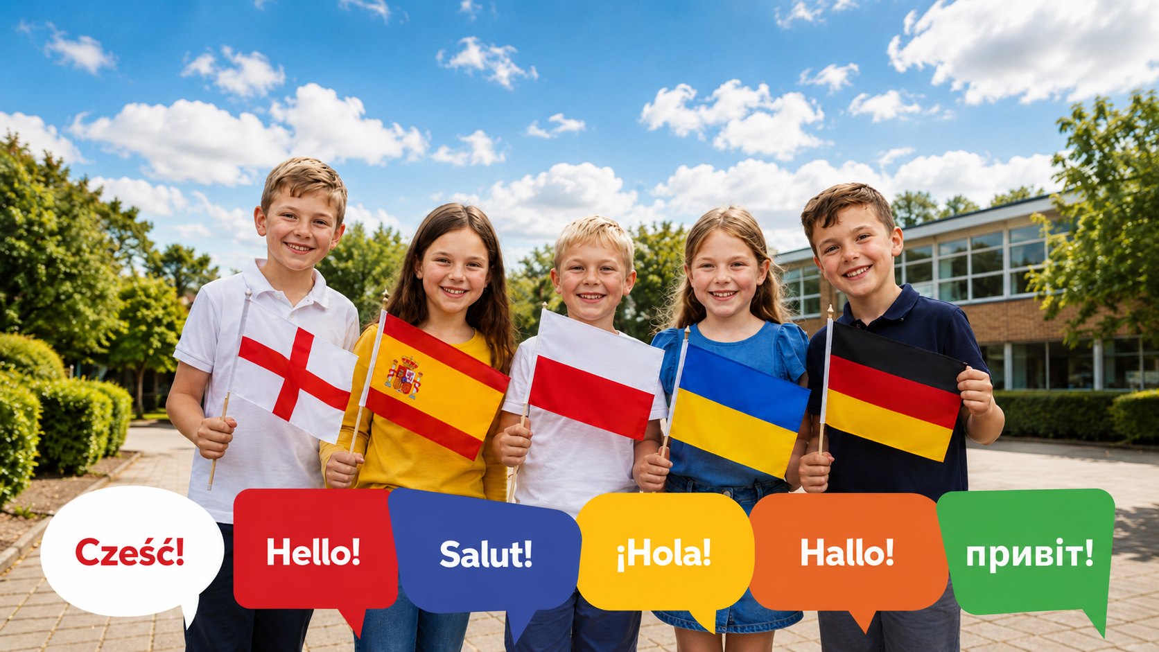 Dzieci z flagami Polski, Anglii, Hiszpanii, Ukrainy i Niemiec — Szkoła Języków Obcych Lingus